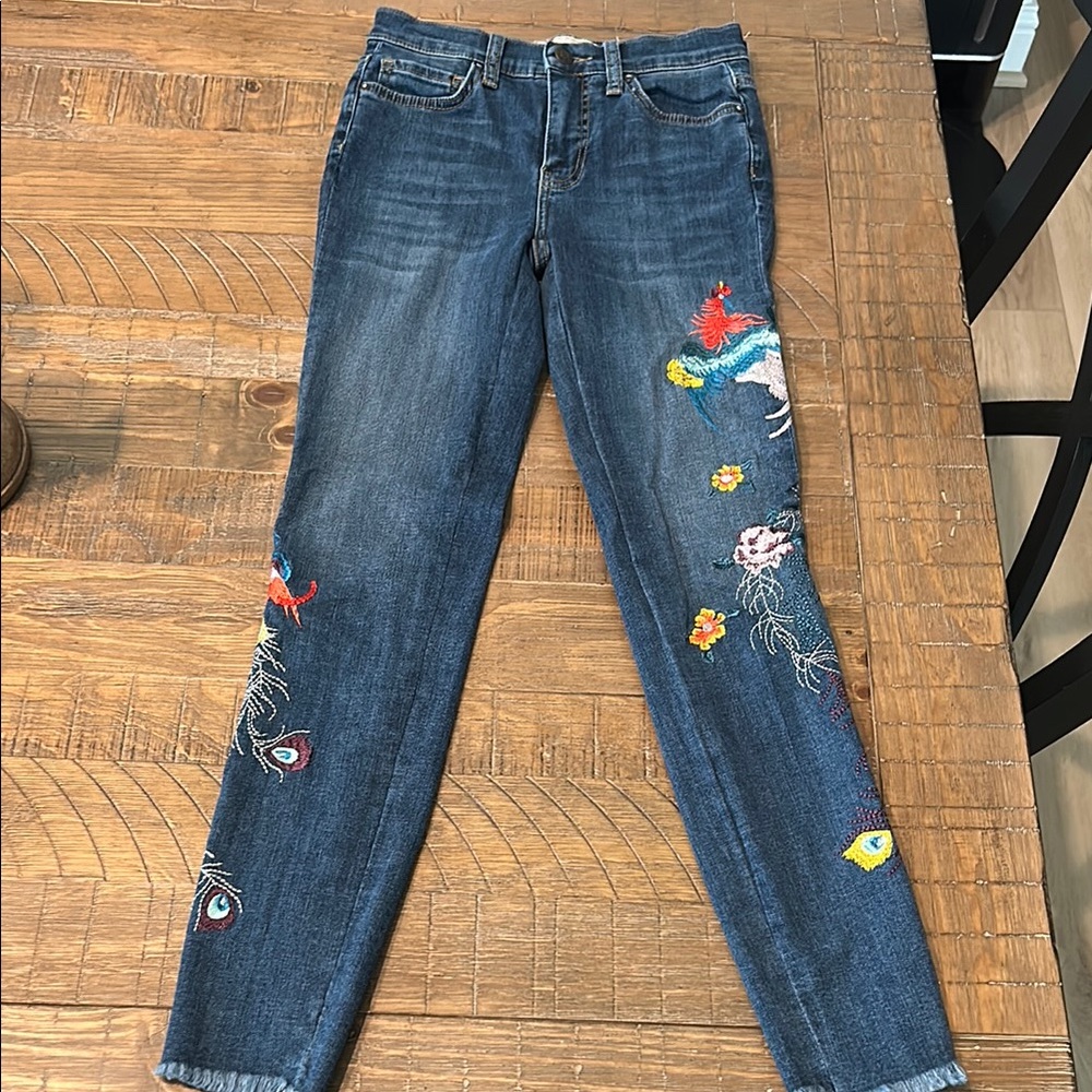 Free People Blue Skinny Jeans with Playful Patches